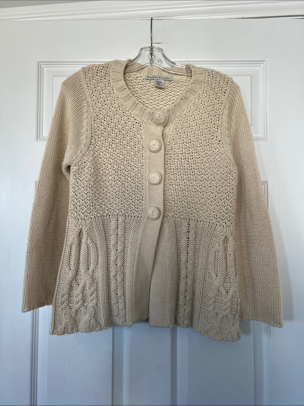 Cream Button-Front Cable Panel Cardigan Sweater